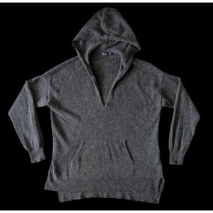 Lusso Cashmere Chloe Charcoal Gray 100% Cashmere V Neck Hooded Sweater Large